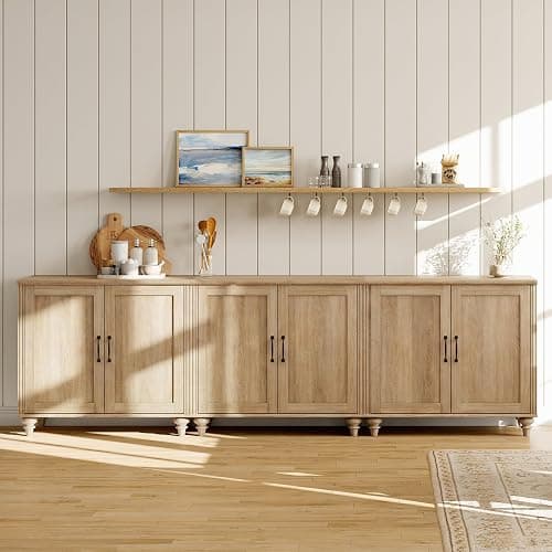 WAMAPT Buffet Cabinet with 6 Wood Doors, Large Coffee Bar Table with Storage, Modern Wooden Kitchen Storage Cabinets with Vintage Gourd Leg, Farmhouse Sideboard Credenza for Dining Room, Oak, 102" thumbnail 3