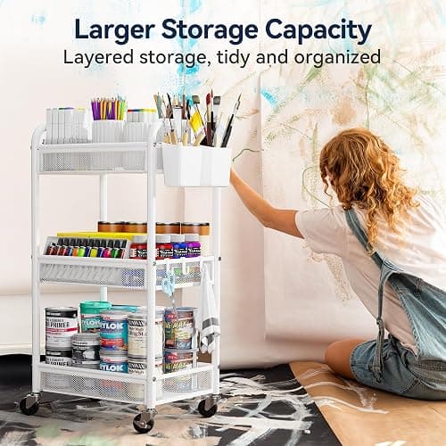 YASONIC 3 Tier Rolling Cart – Metal Utility Storage Carts with Wheels, Craft Carts Organizer with Hanging Cups, Hooks, Mesh Basket for Bedside Kitchen Office Art, White thumbnail 6
