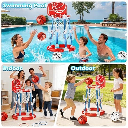 Pool Basketball Hoop with Backboard, Floating Pool Toys for 3-12 Years Old Kids Ring Game with 4 Balls 8 Rings & Pump Outdoor Swimming Pool Basketball Games Water Play Toy Family Party for Kids Adults thumbnail 3