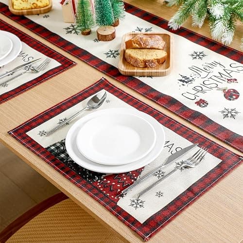 Patelai 7 Pcs Christmas Table Runner and Placemats Set Merry Christmas Buffalo Plaid Table Runner Xmas Placemats Red Black for Holiday Kitchen Dining Room Decor Party Wedding Decoration thumbnail 7