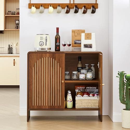 RUSTYER Sideboard Buffet Cabinet with Storage, Wood Arched Storage Cabinet with 2 Doors and Adjustable Shelf, Small Curved Entryway Accent Cabinet for Living Room Hallway Kitchen Dining Room, Walnut thumbnail 9