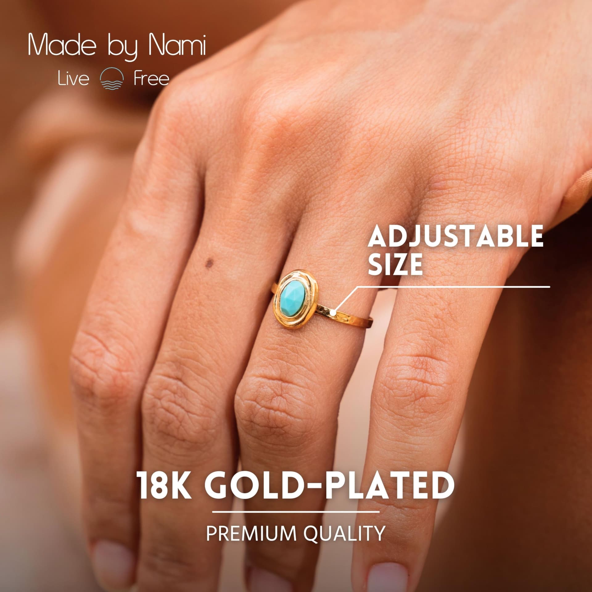 Made by Nami Women's Golden Boho Ring with Turquoise Stone Surgical Stainless Steel Minimalist Gemstone Adjustable Waterproof Jewellery Hypoallergenic Gift for You thumbnail 2