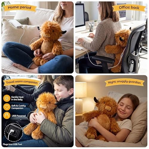 HOTHUGZ Electric Heated Highland Cow Plush, USB Heating Pad Stuffed Animal with Auto Shut-Off, Soft Warm Plush for Stomach, Belly, Back, Neck, Unscented Gift for Women Girls thumbnail 4
