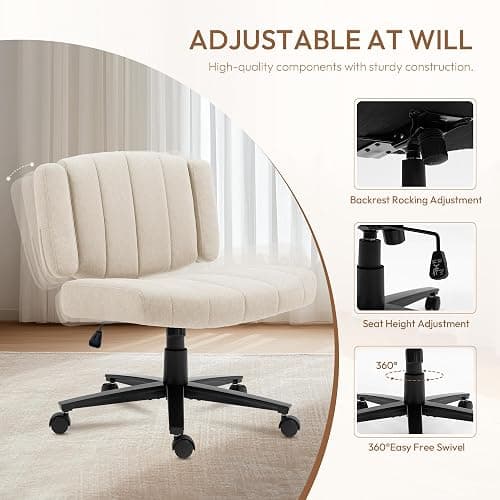 Vigosit Criss Cross Chair with Wheels – Comfortable Vanity Chair, Wide Rolling Cross Legged Office Chairs with Arms, Adjustable Desk Chairs Comfy for Home Office, Swivel Task (White) thumbnail 8