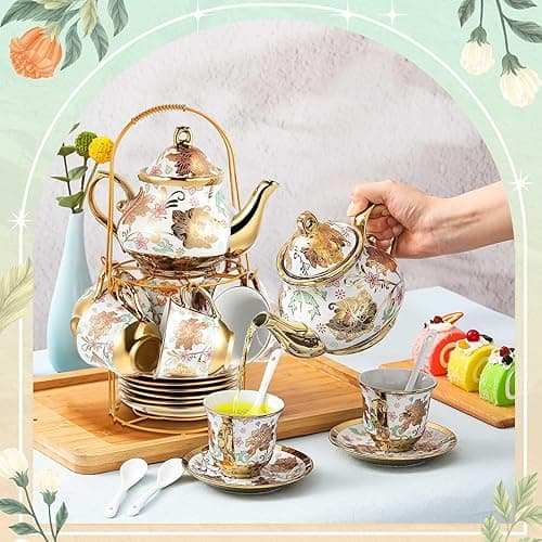 Zhehao 20 Pcs Porcelain Tea Set with Metal Holder and Spoon Adult Ceramic Tea Party Set European Flower Painting Teapot Cup Saucer Spoon Set for Women, Large Version(Elegant Style) thumbnail 3