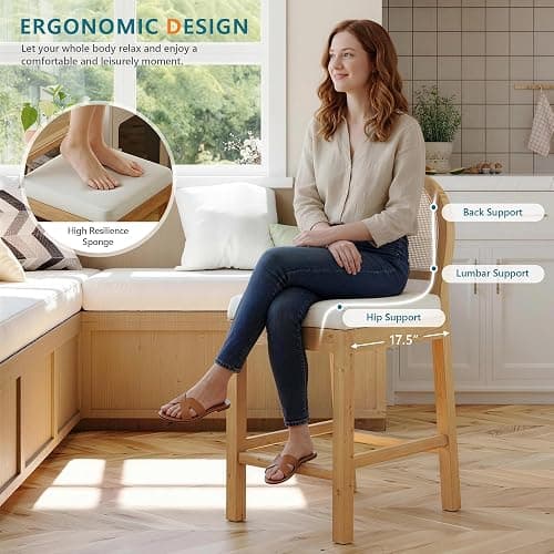 STHOUYN Upholstered Rattan Bar Stools Set of 4, Wooden Counter Height Stools with Natural Rattan Woven Back and Chenille Seat, Mid-Century Modern Island Chairs Barstools for Kitchen (4, Cream White) thumbnail 6