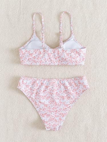 OYOANGLE Girl's 2 Piece Ditsy Floral Bikini Swimsuit Ring Linked Ruched Bathing Suit thumbnail 3