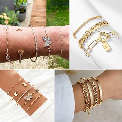 17IF 24-25 Pcs (6 Pack) 14K Gold Ankle Bracelets Set for Women Boho Stackable Bangles Cuff Charm Chunky Wrist Jewelry thumbnail 5