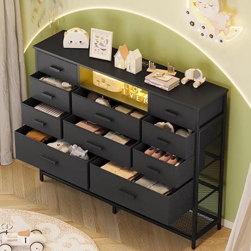 Harpaq Black Dresser for Bedroom with 10 Drawers, Chest of Drawers with Charging Station, TV Stand Storage with LED Light for 55" TV, Fabric Drawers with PU Finish, Dresser with Shelves for Closet thumbnail 6