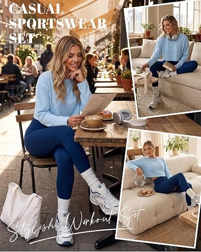 Cutecrop Women 3 Piece Seamless Workout Set High Waisted Leggings Athletic Bra Crew Neck Top Loose Yoga Gym Lounge Outfit thumbnail 2