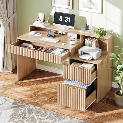 Vabches Fluted Computer Desk with Drawers, Home Office Desk with Power Outlets, Printer Stand and Storage Cabinet, Study Writing Desks with Long Monitor Stand, Oak thumbnail 4
