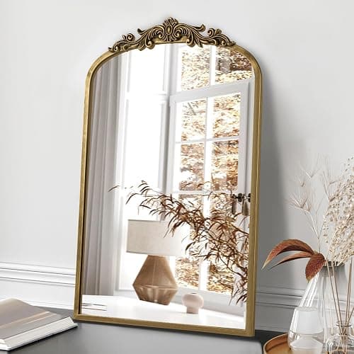 PERFNIQUE Vintage Mirror, 30" X 19" Arched Antique Baroque Wall Mirror, Gold Traditional Wall Decor, Ornate Wall Decor Anthro Look Alike Mirror for Bathroom Living Room Fireplace Entryway Hallway thumbnail 2