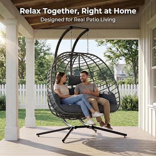 SWITTE Double Egg Swing Chair with Stand, Outdoor Patio 2 Person Hanging Wicker Hammock Chairs with Cushion for Indoor Bedroom, Lawn, Garden-Dark Grey thumbnail 4