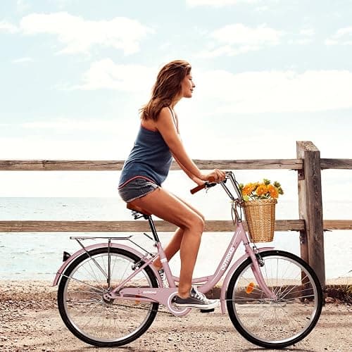 Max4out Beach Cruiser Bike for Adult, Womens Bicycle with Rattan Front Basket, 24 & 26 Inch Comfort Bikes with Adjustable Seat and Dual V-Brake (Pink & White & Green & Purple & Black) thumbnail 3