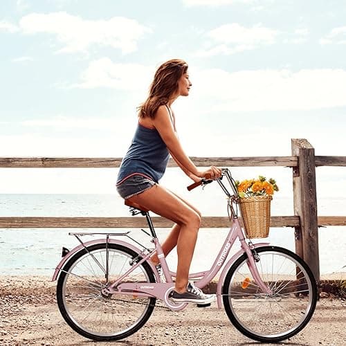 Max4out Beach Cruiser Bike for Adult, Womens Bicycle with Rattan Front Basket, 24 & 26 Inch Comfort Bikes with Adjustable Seat and Dual V-Brake (Pink & White & Green & Purple & Black) - 24 - Pink thumbnail 3