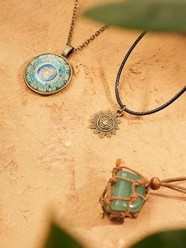 MINACHI Bohemian Retro Style Multi Layer Necklace, Green Crystal Sun and Floral Pendant, Ethnic Jewelry for Women thumbnail 7