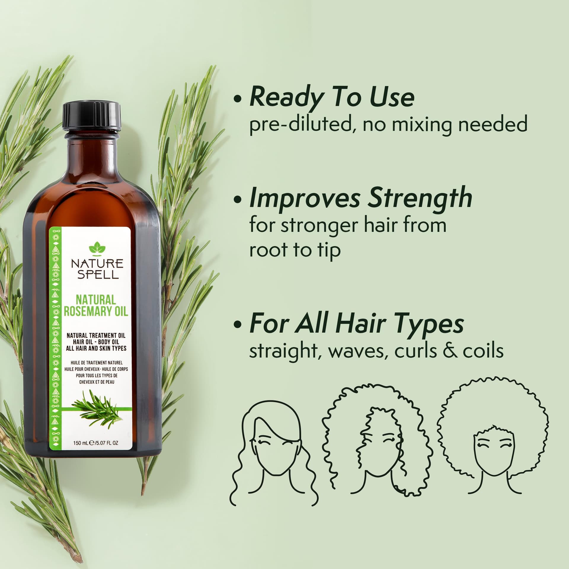 Nature Spell Rosemary Oil for Hair with Hair Oil Applicator, Bottle Comb, 150ml, Rosemary Oil for Hair Growth, Treat Dry, Damaged Hair to Combat Hair Loss thumbnail 2