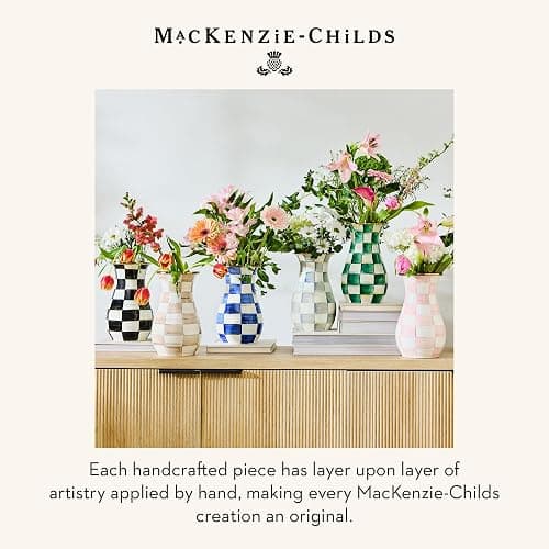 MACKENZIE-CHILDS Enamel Tall Vase, Pink-and-White Rosy Check | Hand-painted design, decorative flower vase and bouquet holder, made from enameled steel, 6" dia. x 10" H thumbnail 7