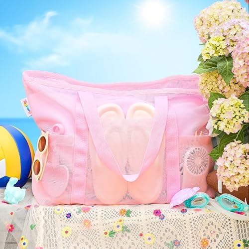 Tagitary Mesh Beach Bag with Zipper Large Beach Tote Waterproof Sandproof with 8 Pockets for Toys Pool Bag Beach Accessories thumbnail 3