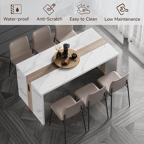 63" Large Island Table for Kitchen with Charging Station,Faux Marble Wooden Dining Table for 4-6 People,Modern Luxury Kitchen Island with Multi-Color LED Mood Lighting & Stylish Grill Design thumbnail 8