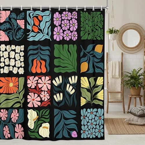 JAWO Retro Shower Curtain Vintage Abstract Cute Boho Floral Shower Curtains for Bathroom Decor Black Blue Botanical Geometric Groovy Aesthetic Pattern Shower Curtain Sets with Hooks, 70X70IN - Image 1