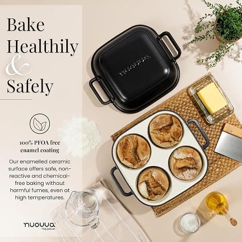 QuadPro Enamelled Cast Iron Bread Loaf Pot – Dutch Oven for Sourdough Bread Baking – 500°F Oven Safe Non Stick Bread Pot – 4 Round Loaf Spaces (4.90-inch Diameter), Black – by Nuovva thumbnail 3