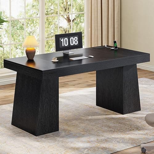 UPOSOJA 55.9 in Executive Desk with Power Outlets, Modern Home Office Desk with Storage Cabinet, Wood Computer Desk Business Workstation Desk Conference Table, Black (Storage Cabinet) thumbnail 5