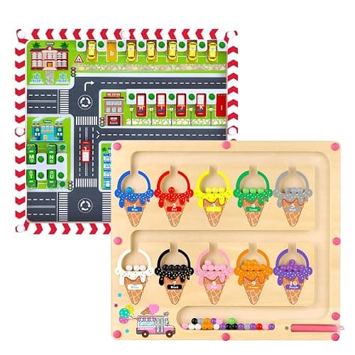 wakeInsa 2 in 1 Magnetic Color and Number Maze,Montessori Toy for 3-6 Years Old,Wooden Magnet Balls Puzzles,Toddler Busy Board Game,Preschool Learning Activities,Christmas & Birthday Gift for Kids - Magnet Toys - Ice Cream + Parking Lot - Image 1