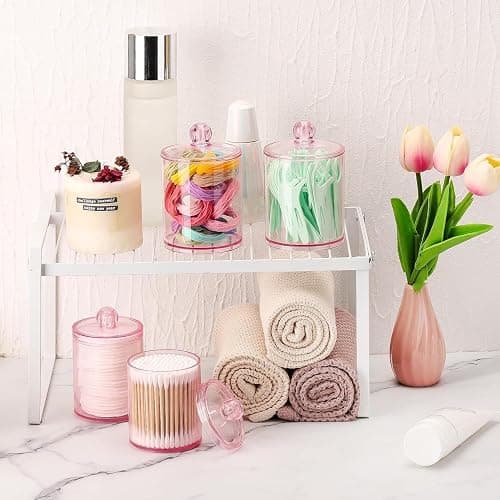 Tbestmax 12 oz & 10 oz Qtip Holder - 4 Pack Restroom Bathroom Organizers and Storage Containers, Pink Plastic Apothecary Jars with Lids for Cotton Swab, Cotton Round Pads, Floss thumbnail 5