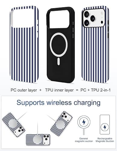Jusy Compatible with MagSafe Striped Case for iPhone 17 Pro, Cute Aesthetic Striped Magnetic Phone Case, Soft TPU and Hard PC Protective Phone Cover for Women Girls（Matte） - Navy Blue thumbnail 5