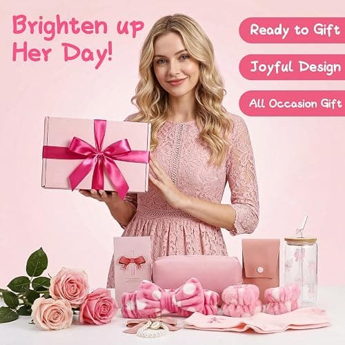 saerryor Birthday Gifts for Girls, Bow Glass Cup with Lid and Straw Card Keychain Pendant Makeup Brushes Cosmetic Bag Socks Headband, Pink thumbnail 2