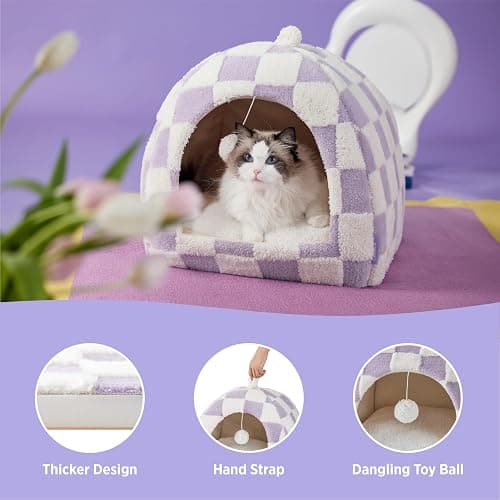 Lesure Cute Cat Beds for Indoor Cats - 2 in 1 Cat Cave Bed for Kittens and Small Pets with Removable Washable Cushioned Pillow, Cozy Kitten with Non-Slip Bottom, Purple, 16 inches thumbnail 5