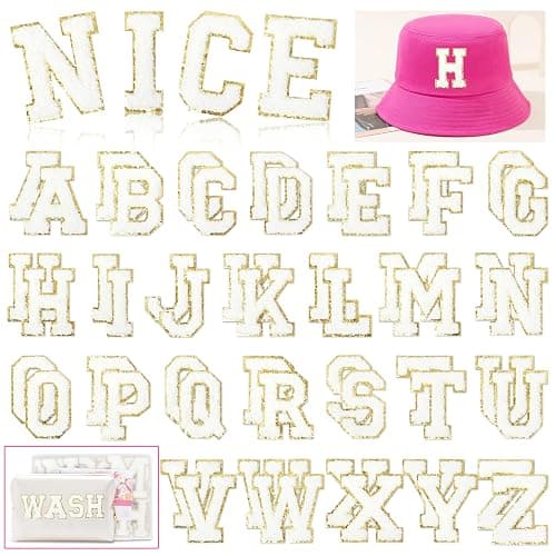 NICEVINYL Chenille Letters Patches Self-Adhesive: 52pcs White Patches | Preppy Varsity Self Adhesive Letters Patches for Clothing - Initial Stickers Patches for Trucker Hats Makeup Bags Backpacks - Image 1