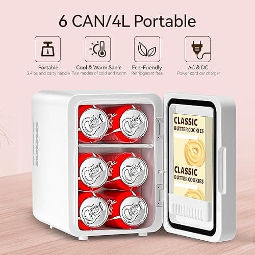 Skincare Fridge With Dimmable LED Mirror, 4L Makeup Mini Fridge for Bedroom, Cosmetics, SkinCare, Cooler & Warmer, Portable Small Refrigerator for Car, Office and Food- White - White thumbnail 2