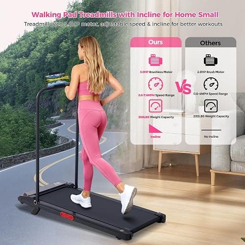 Walking Pad with Handle Bar and Incline, 3.0HP Electric Portable Small Treadmills with Incline for Home Small Spaces, 0.6-7.6MPH Compact Walking Pads Treadmill with Handles, 350LBS thumbnail 3
