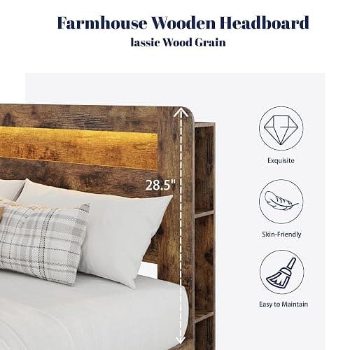 PAUKIN Full Size Wooden Bed Frame with Storage Headboard, Platform Bed Frame with Charging Station and LED Lights, Sturdy Slats, No Box Spring Required, Silent Operation, Easy to Assemble, Brown thumbnail 4