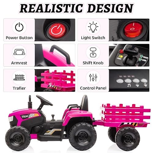 TOBBI Kids Electric Ride On Toy Tractor, Toddlers 12V Battery-Powered Car to Drive, 35W Dual Motor 6-Wheels Trailer Vehicle with 3-Speeds/LED & Horn Functions for Chirdren Aged 3-8-Pink thumbnail 4