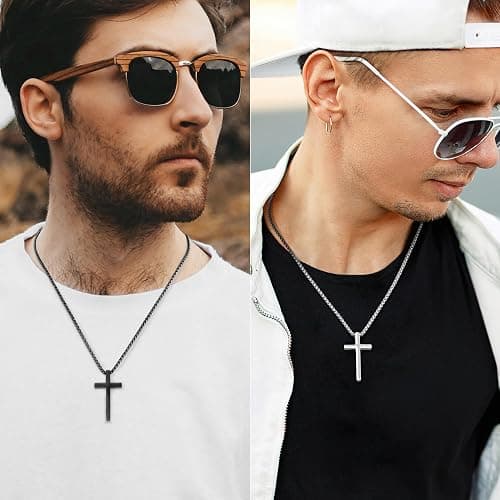 Romass 2 Pcs Cross Necklace for Men Boys,Stainless Steel Pendant Silver Black Crosses Chain Jewelry Gifts Box 16-30 inches thumbnail 2