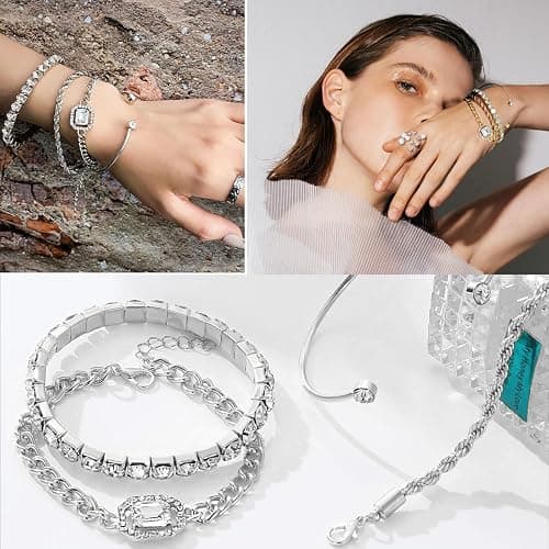 4 Pcs Dainty Gold Silver Bracelets Set for Women 14K Plated Link Cubic Zirconia Paperclip Stake Layering Chain Adjustable Trendy Hand Jewelry thumbnail 2