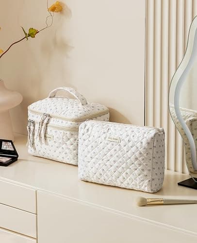 HBselect 2 Pack Floral Cotton Makeup Bag Set, Quilted Makeup Bag Travel Makeup Bag, Flap Handheld Double Layer Makeup Bag Large Medium Kawaii Coquette Aesthetic Toiletry Bags for Women Girls thumbnail 2