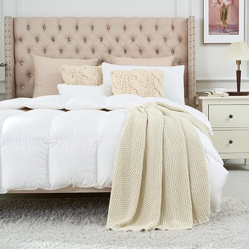 Chunky Cable Knit Throw Blanket Lightweight Cream 100% Organic Cotton Blanket for Sofa Couch Bed Baby Nursery, Rustic Shabby Chic Modern Farmhouse, 51” x 63” Give Laundering Bag thumbnail 4