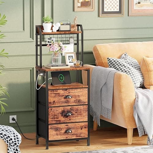 Furologee 44'' Tall Nightstand with Charging Station, Bedside Table with LED Lights, End Table with 3 Drawers and Storage Shelves, Night Stand with Pegboard for Bedroom, Rustic Brown thumbnail 2
