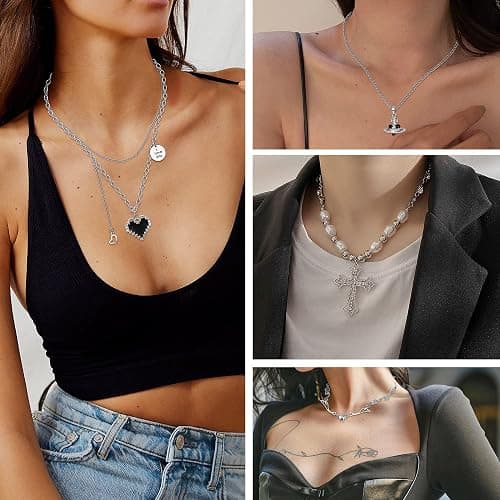 Subiceto Vintage Gothic Necklace Set for Women Punk Grunge Cross Heart Bat Spider Angel Wing Saturn Skull Pendant Layered Choker Statement Necklaces thumbnail 4