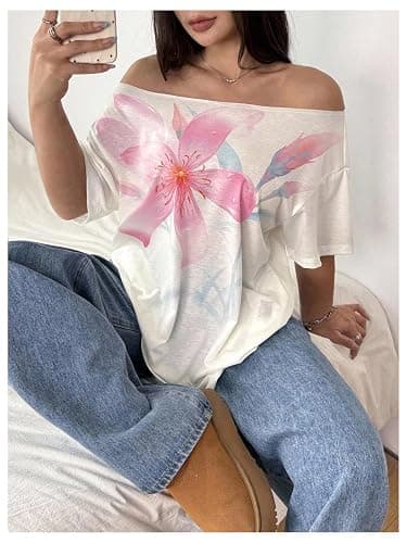 SHENHE Women's Plus Size Off The Shoulder Floral Print Summer Tshirts | Hibiscus Floral Print,Short Sleeve,Summer Tee Tops thumbnail 3