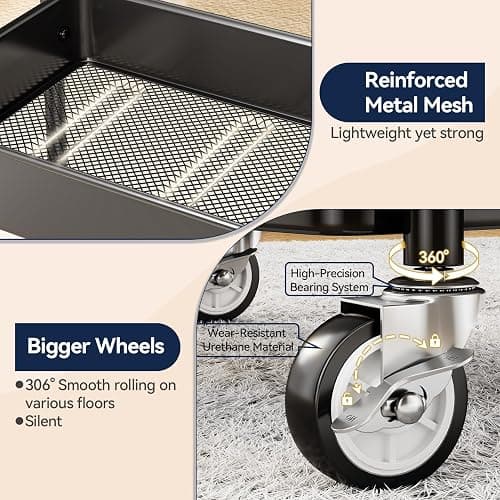 YASONIC 3 Tier Rolling Cart - Metal Utility Cart with Wheels, Hanging Cups, Hooks, Heavy Duty Mesh Rolling Storage Cart Organizer, Craft Cart for Kitchen Office, Lightweight and Sturdy thumbnail 7