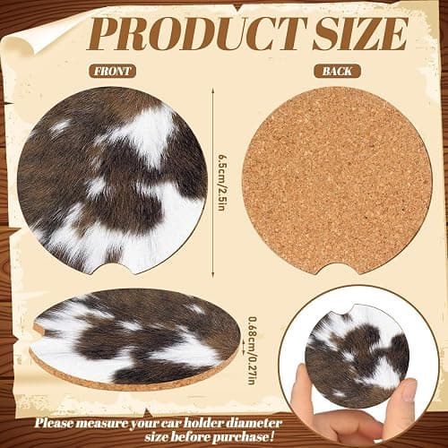 Sieral 6 Pcs Western Cow Print Car Coasters for Cup Holders, 2.56 Inch Absorbent Cork with Finger Notch, Brown Cow Print for Cars & Trucks, Western Car Accessories for Women Men thumbnail 3