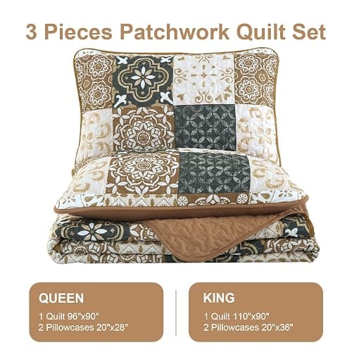 Dobuyly Brown Quilt Set Queen Size, Boho Plaid Patchwork Bedspreads Coverlet Set, 3 Pieces Soft Lightweight Microfiber Fall Quilt Bedding Set for All Seasons 96"x90" thumbnail 7