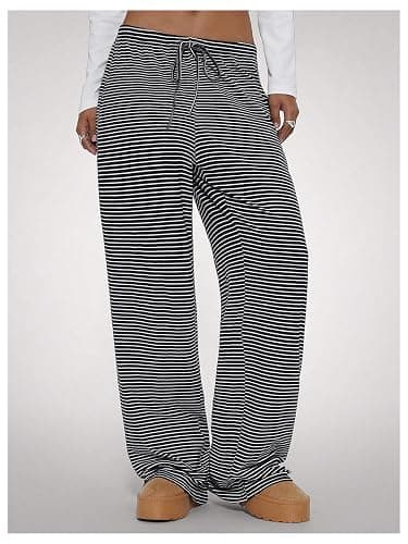 WDIRARA Women's Striped Drawstring Elastic Waist Pants Wide Leg Loose Lounge Pants thumbnail 3