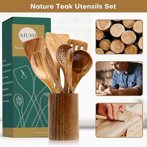 AIUHI Wood Spoons for Cooking, Nonstick Kitchen Utensil Set, Wooden Spoons Cooking Utensil Set Non Scratch Natural Teak Wooden Utensils for Cooking (Teak 8 Pack) thumbnail 4