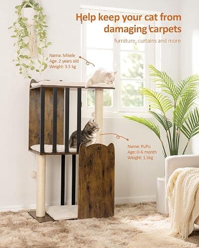 FourFurPets 43.8in 3-Tier Modern Cat Tree Tower Condo, Cat Scratch Posts for Indoor Cats, Big Plate, Two 19.7in Full Sisal Scratching Posts, Rustic Brown thumbnail 2